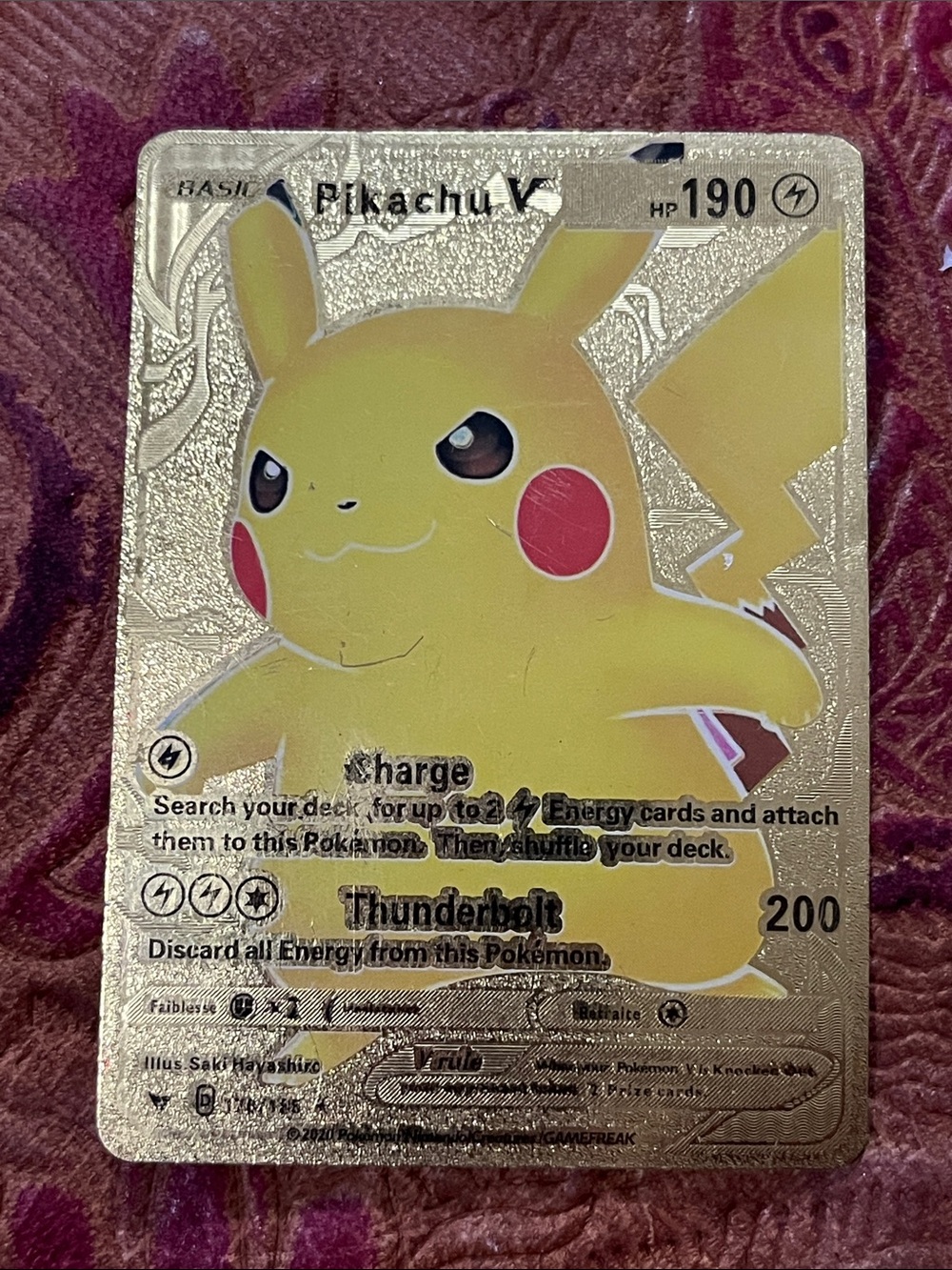 Pokemon Pikachu V Gold Holographic Card with Yellow Artwork and Red Cheeks